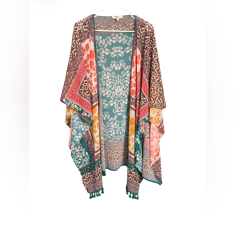 Umgee USA Plus Size Kimono 1X/2X Boho Floral Leopard Print Tassel